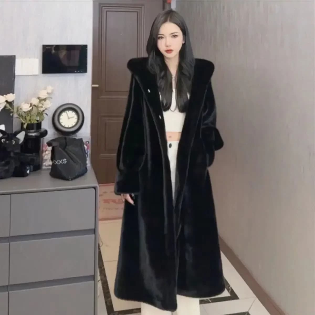 Veste d'hiver mi-longue à capuche en vison, avec Style National, épaisse avec chapeau en peluche, li
