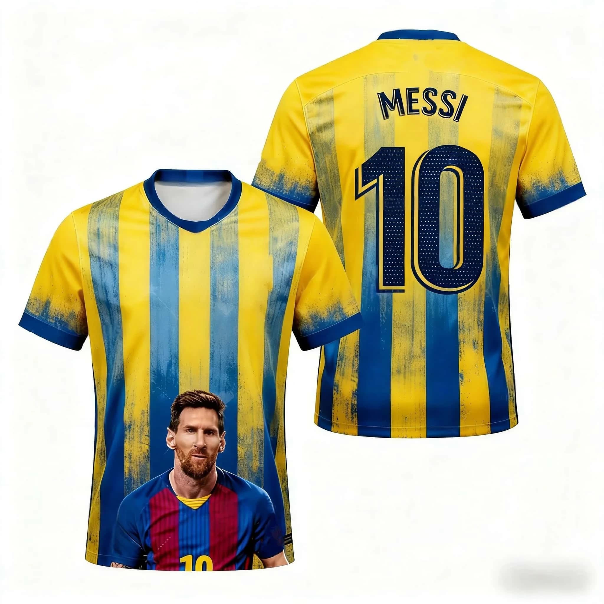 Maillot de football rayé rouge et bleu de Barcelone Messi n°10, impression 3D sur toute la surface, 