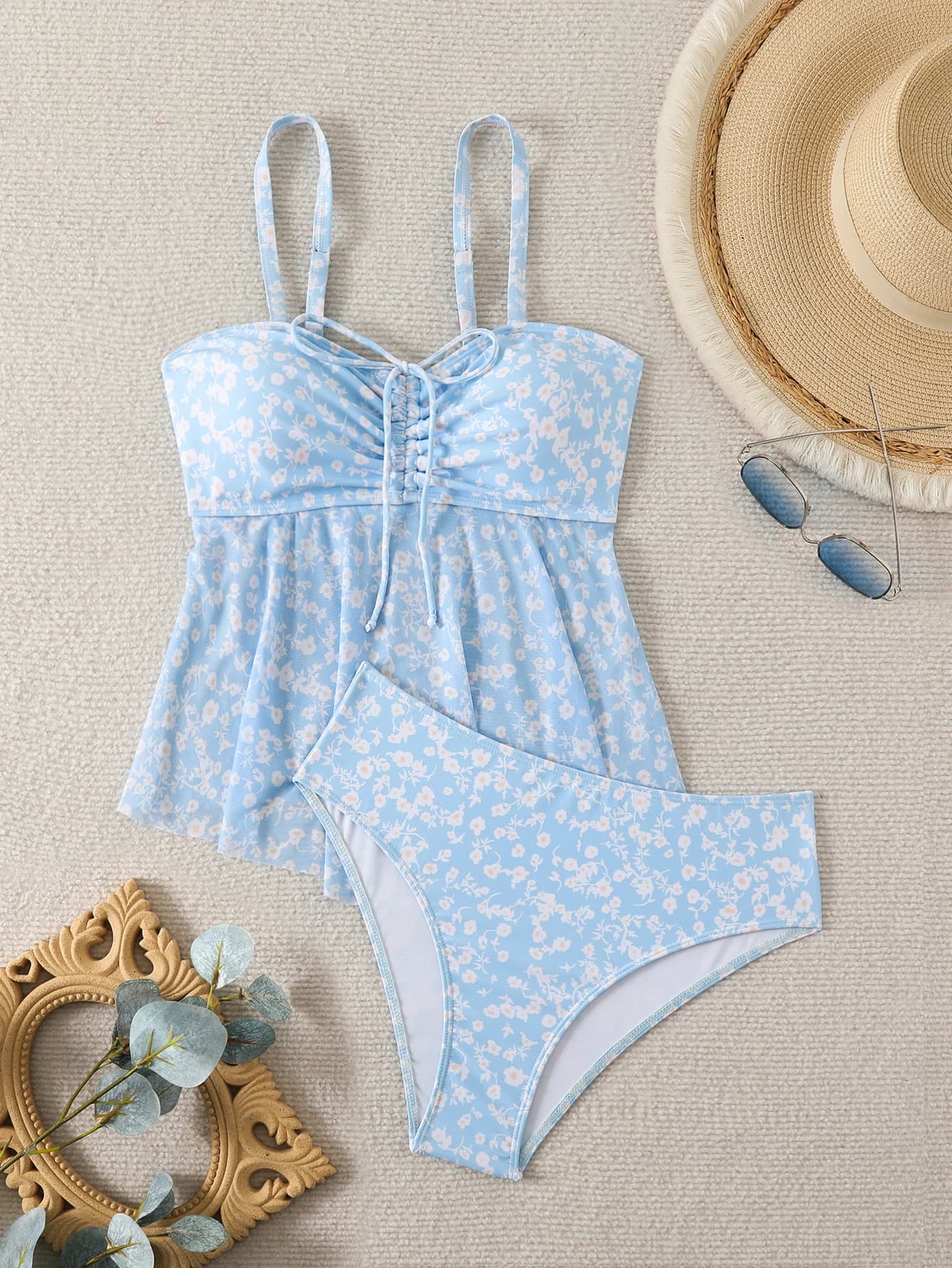 2026 Tankini à volants deux pièces pour femme, maillot de bain à bretelles avec cordon de serrage, t