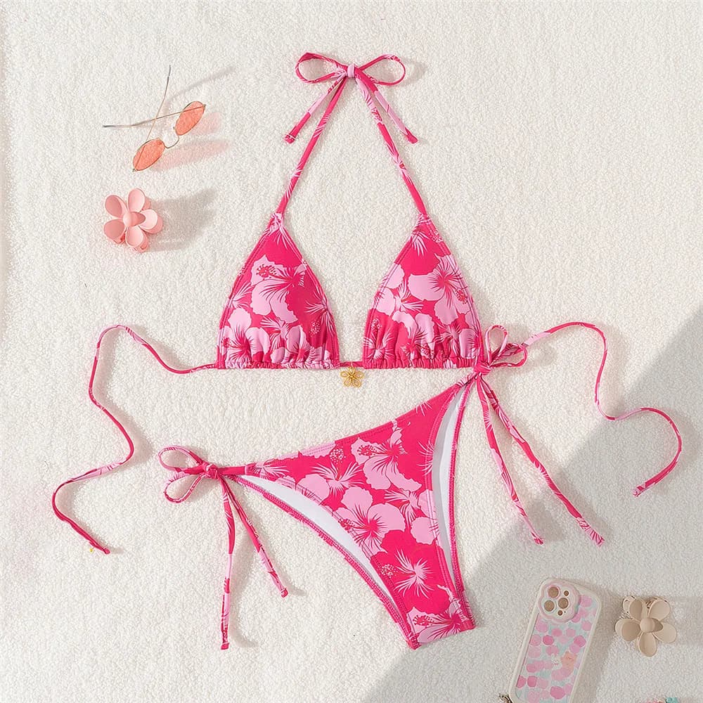 Sexy Rose rouge fleur imprimé Micro String Bikini femmes maillots de bain 2026 String licou maillot 