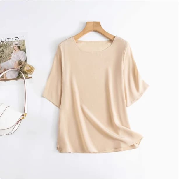 T-shirt d'été grande taille pour femme en 100% soie de mûrier crêpe de Chine, coupe ample, léger et 