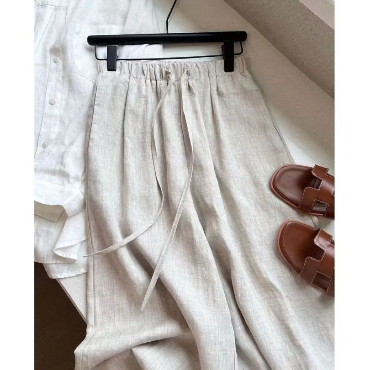 Pantalon d'été en lin taille haute pour femmes et hommes, mode Boho, jambes larges, Palazzo, marron,