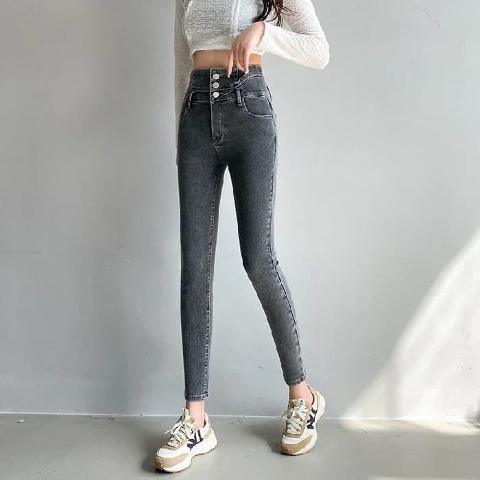 Jean en denim taille haute pour femme, pantalon long, bleu, noir, gris, multi-boutons, populaire, sl