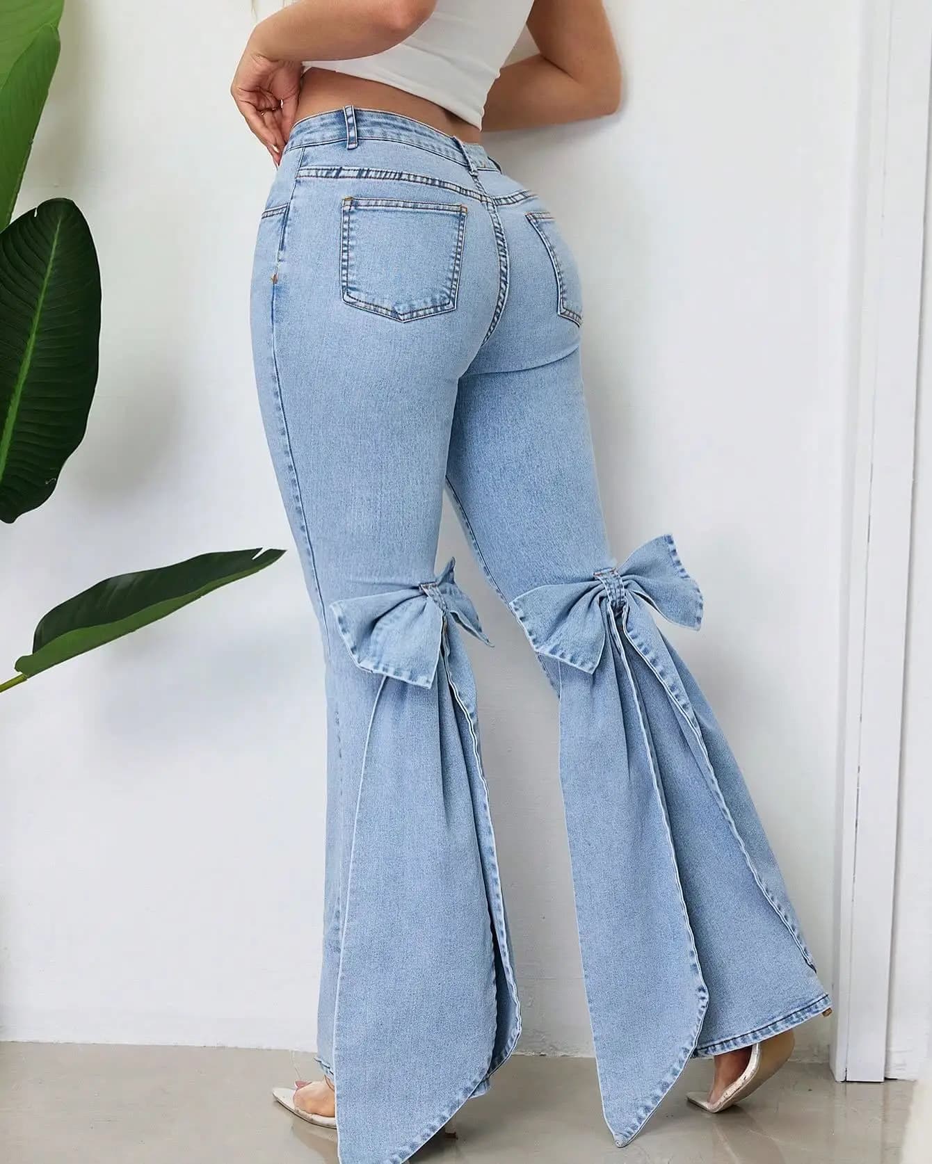 Jeans pour femmes, taille haute, extensibles, avec nœud décoratif, coupe évasée