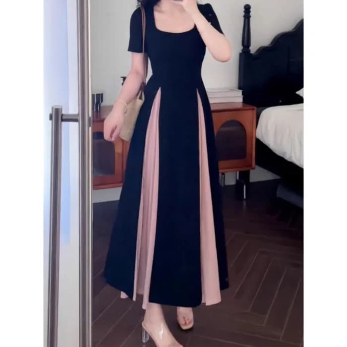 Robe longue en gaze grande taille à col carré, design français amincissant, jupe évasée en tricot à 