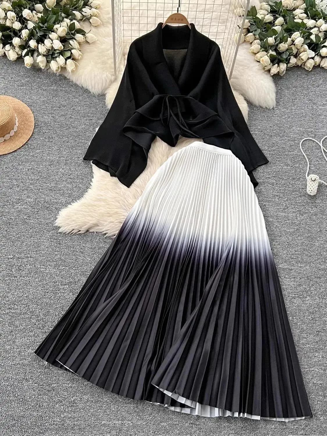 Ensemble 2 pièces plissé pour femme, haut à revers, manches chauve-souris, couleur unie, taille élas