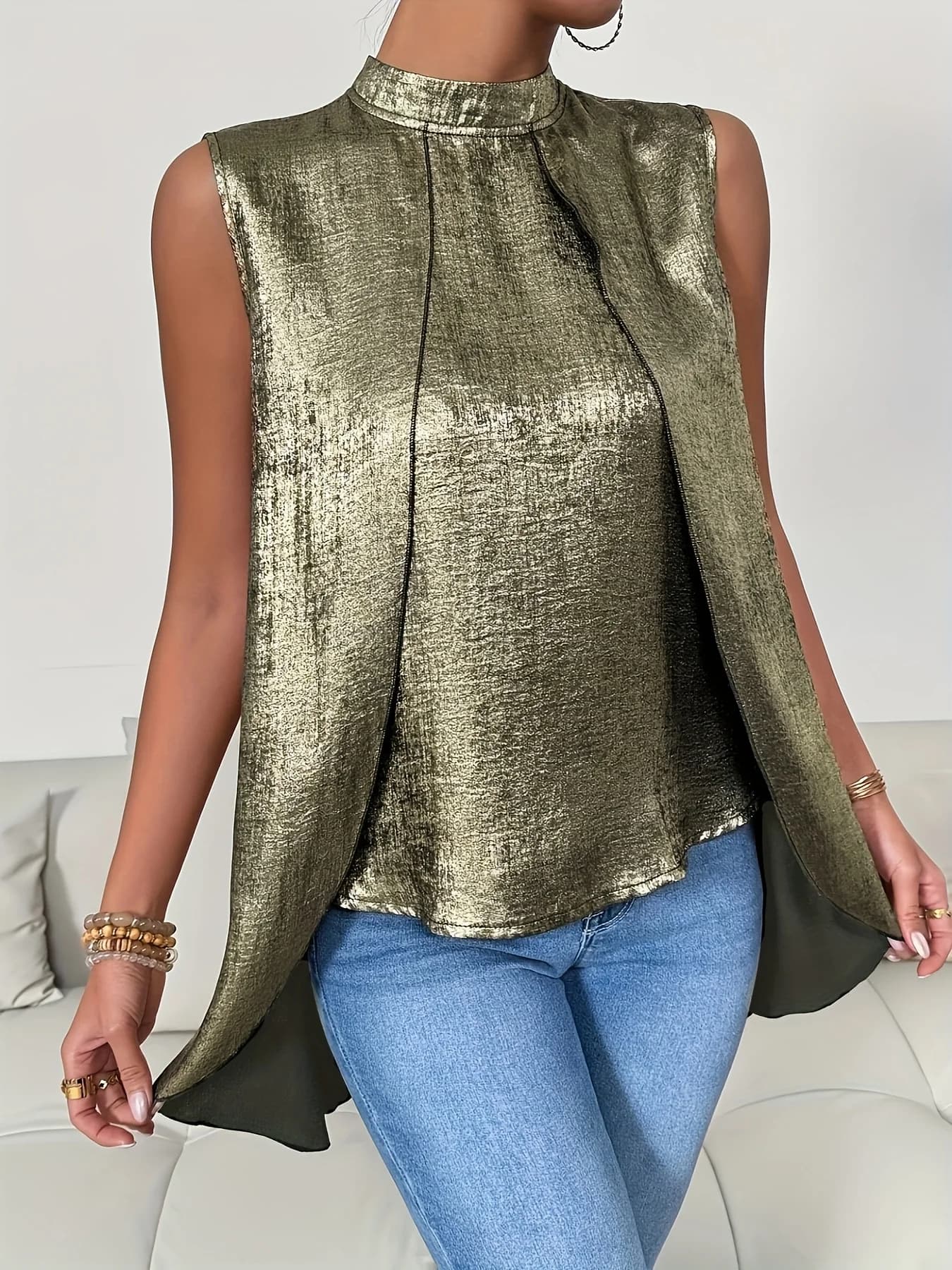 Chemise dorée pour femmes, grande taille, chemise chic et élégante d'été, chemise décontractée à la 