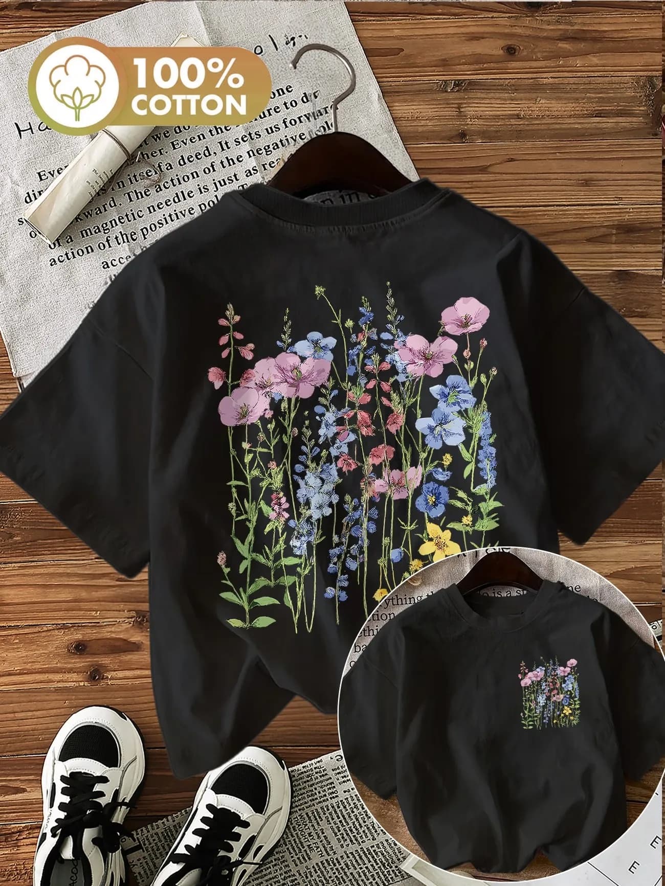 T-shirt Femme Chic à Motifs Floraux 100% Coton, Col Rond Doux, Manches Courtes, Style Rétro, Design 