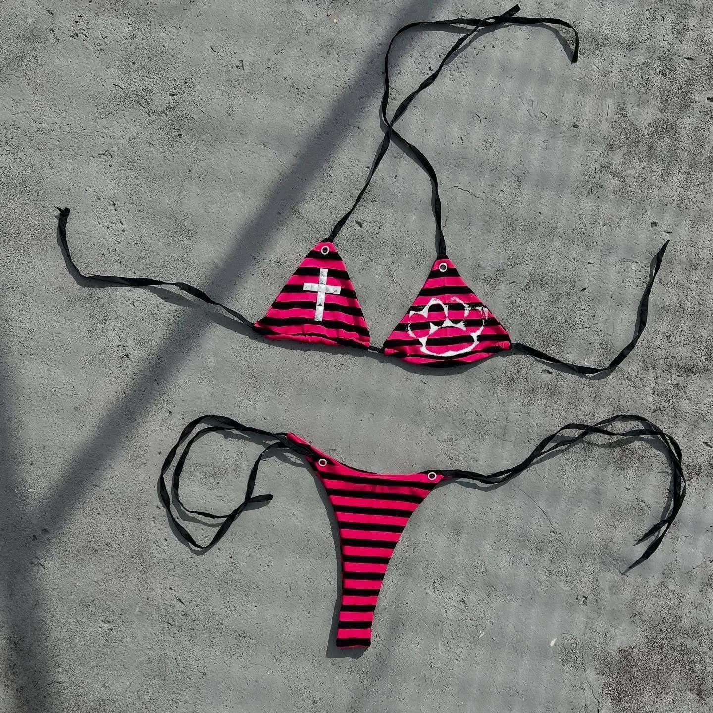Maillot de bain bikini imprimé patte de chat, haut à bretelles, style E-Girl, avec croix en strass, 