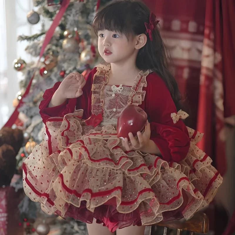 Ins-Costume de princesse Lolita pour filles, robe de festival rouge, robe moelleuse, robes de demois