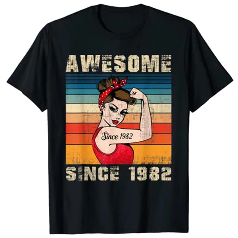 T-shirt graphique pour femme, cadeaux d'anniversaire, 41 ans, impressionnant depuis 1982, Rivière th