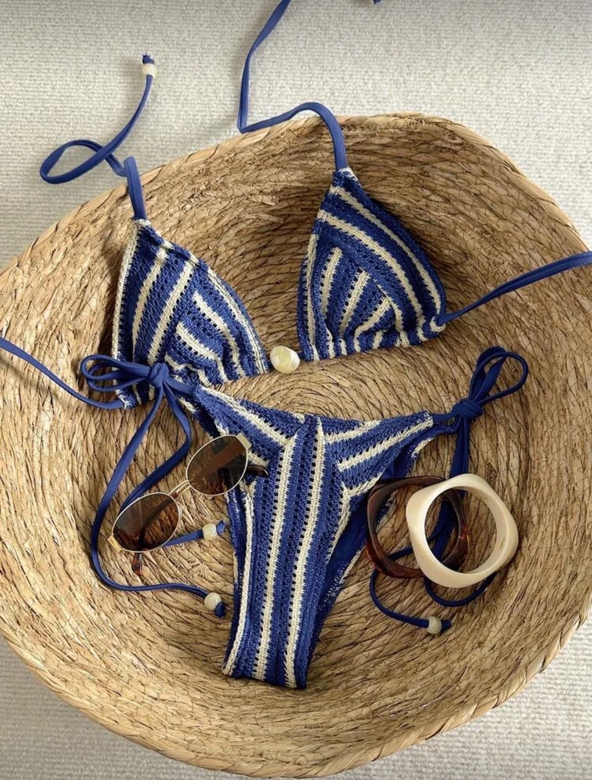 Ensembles de bikinis sexy en tricot à rayures et perles, deux pièces, avec haut dos nu à nouer et ba