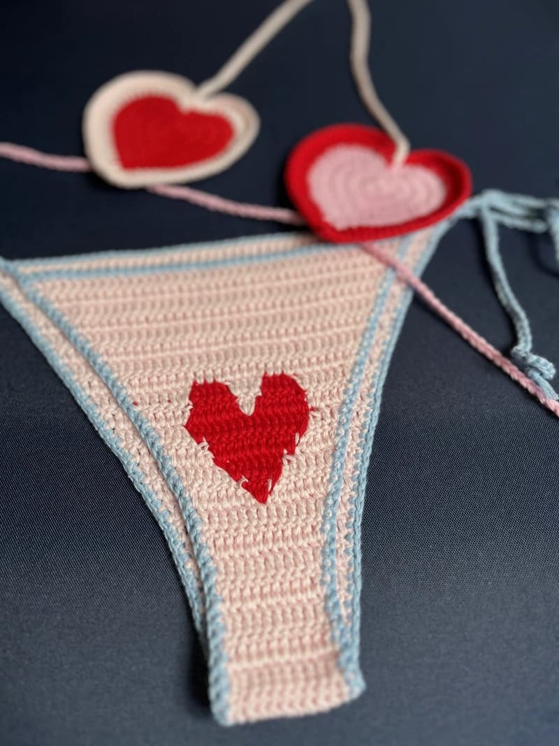 Ensemble de 3 pièces au crochet fait à la main, rouge rose amour chérie, bain trempé Sexy String Bin