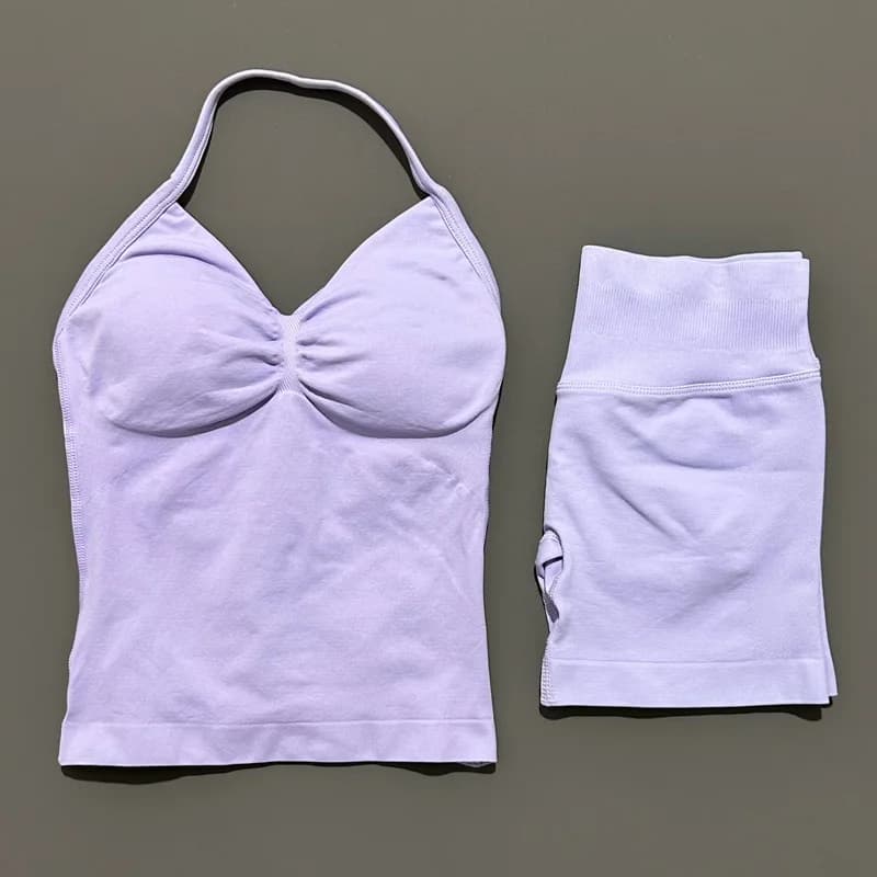 Ensemble de sport 2 pièces pour femme : Haut dos nu à licou et short taille haute sans couture ultra