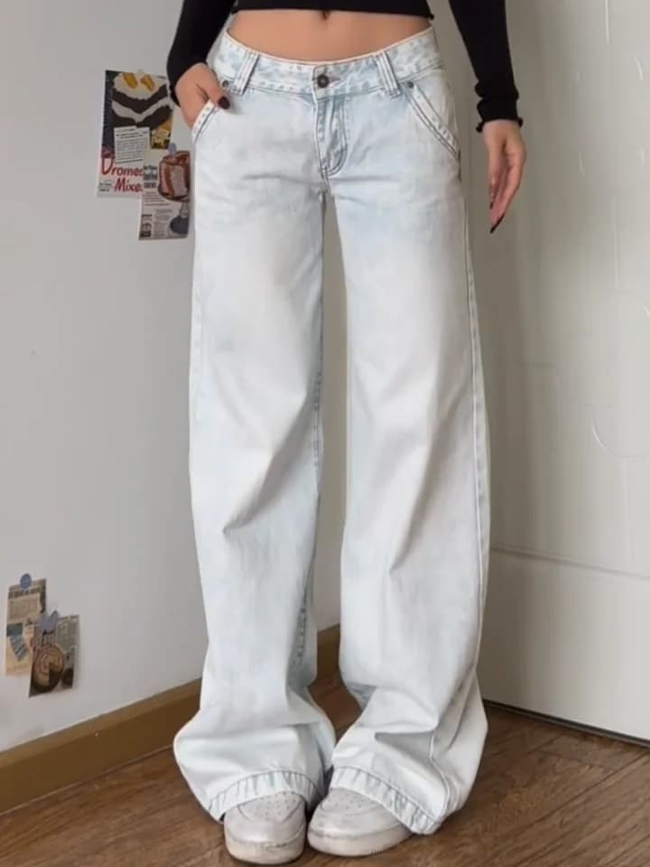 Femmes Vintage taille basse bleu jean Y2K taille haute droite décontracté jambe large Denim pantalon