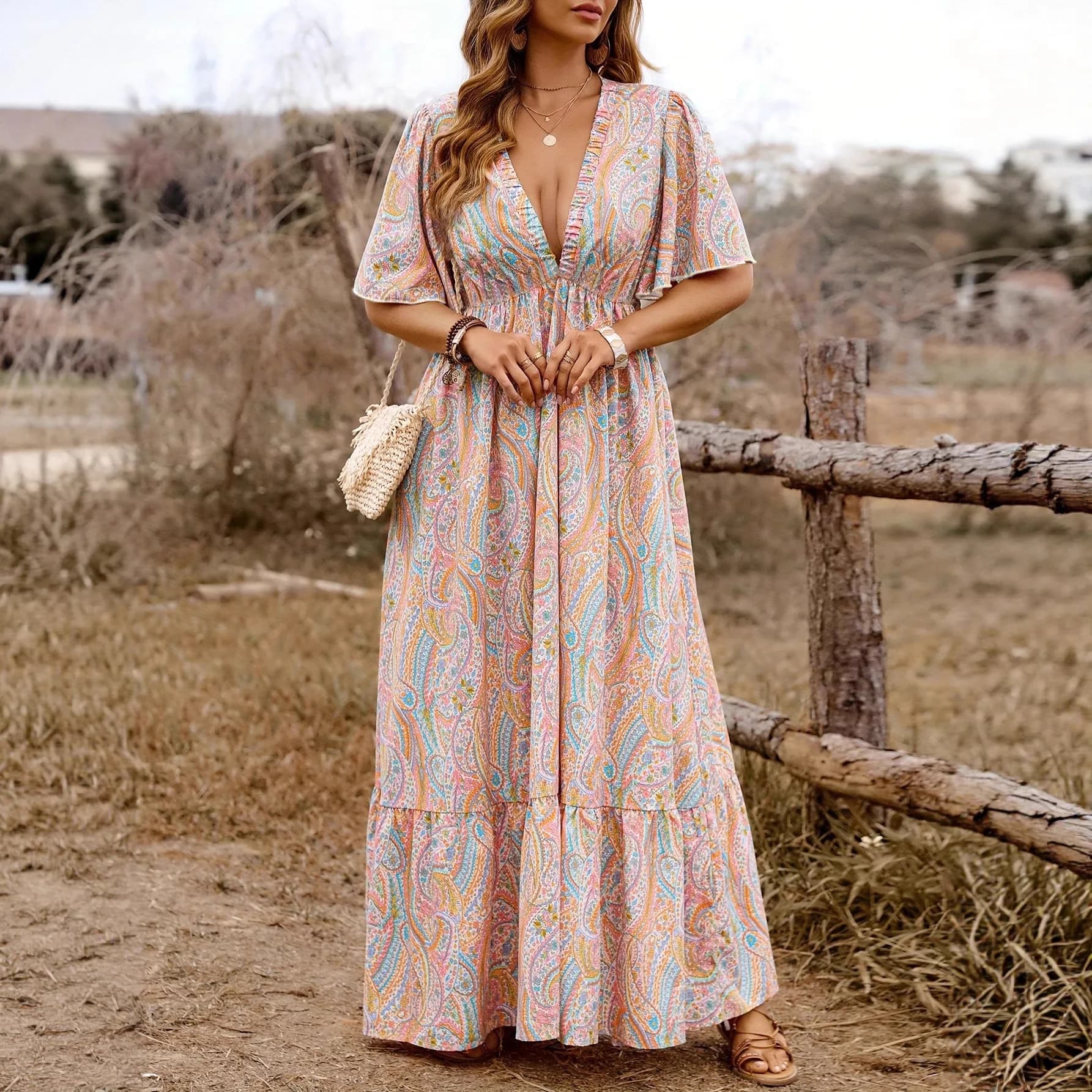 Robe longue élégante pour femmes grandes tailles, col en V, design paisley vintage, style bohème, ju