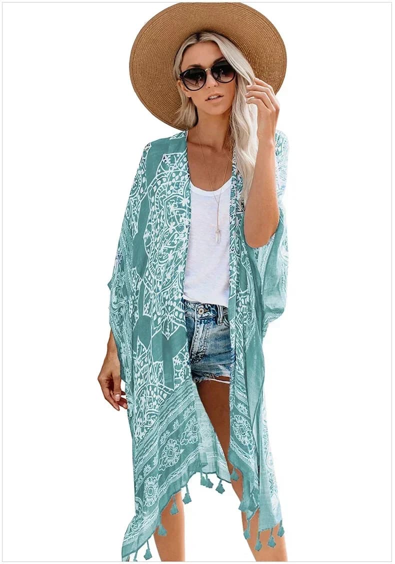 Nouveau 2026 Sexy Bikini cache-maillot Boho imprimé à franges longue Kimono Carfigan tunique femmes 