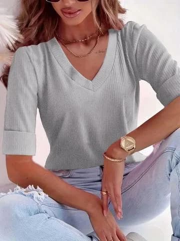 Femmes grande taille 1XL-5XL décontracté col en V couleur unie élégant t-shirts hauts dames mode dem