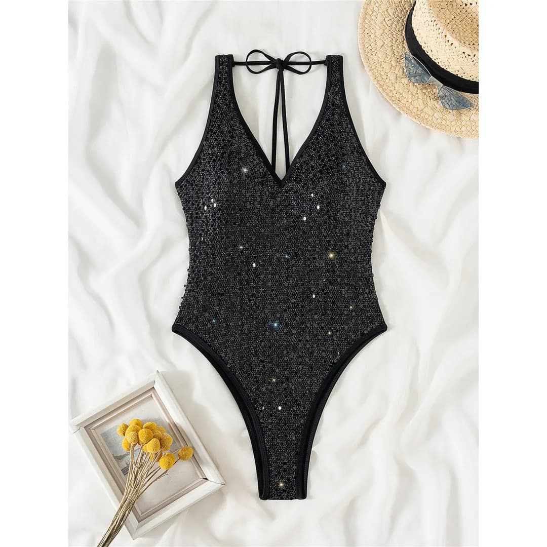 Maillot de bain une pièce sexy pour femme, maillot de bain, monokini, coupe haute, paillettes scinti