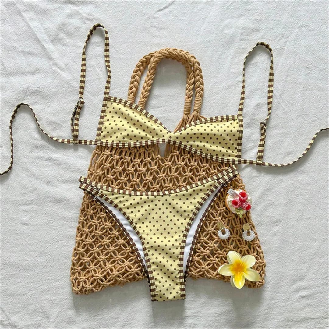 Maillot de bain deux pièces à pois pour femme, taille S-XL, ensemble bikini rembourré à coupe haute,
