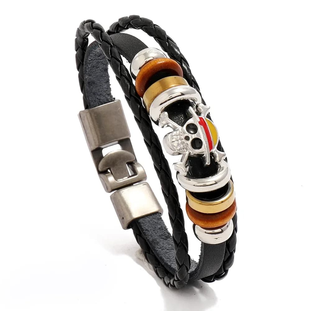 1 pièce Bracelet Luffy One Piece, thème pirate, en cuir noir tressé, style punk rock, inspiré des fi