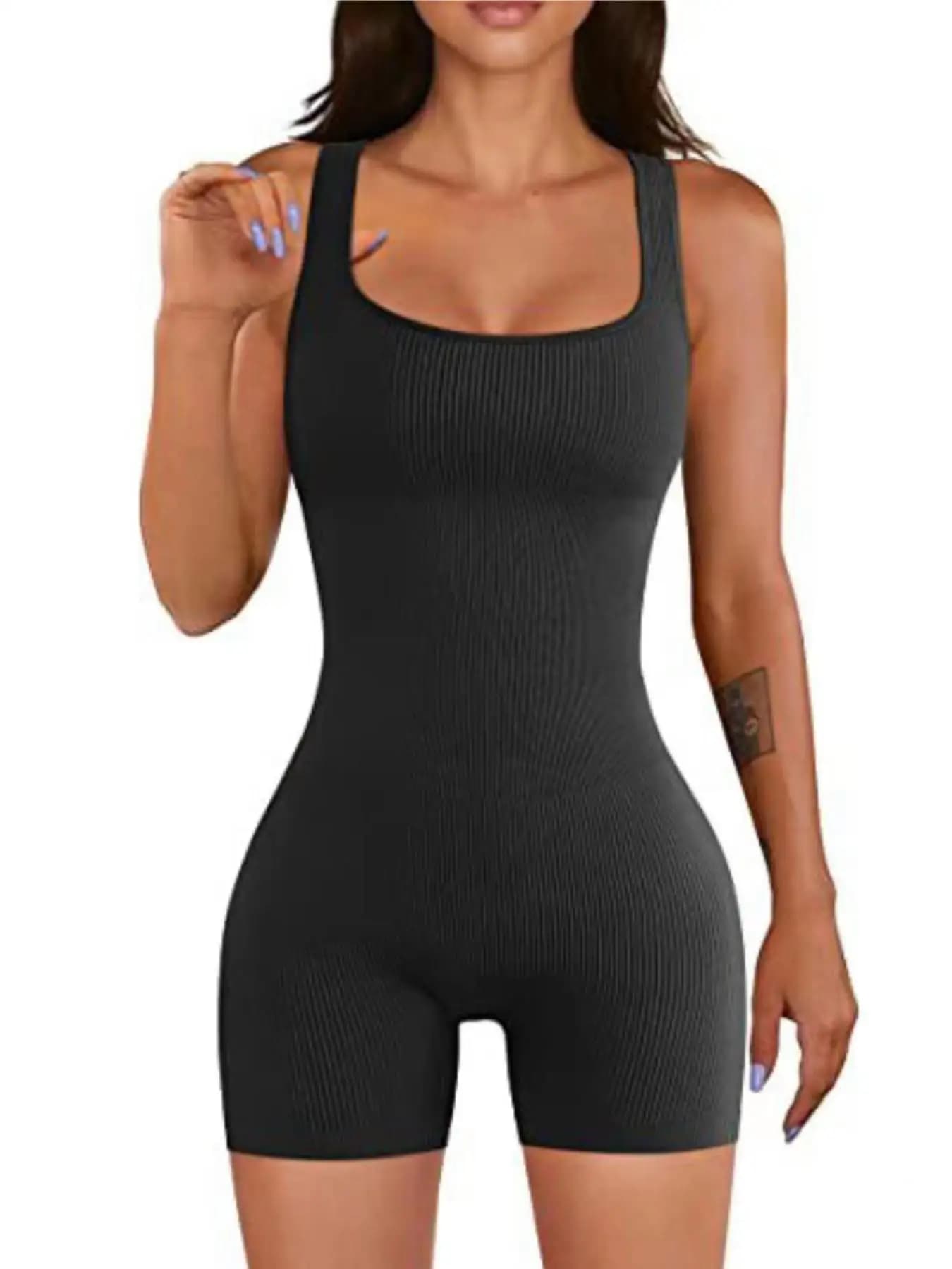 Combinaison de sport pour femmes grande taille 1XL-5XL, coupe ajustée, col carré côtelé, sans manche