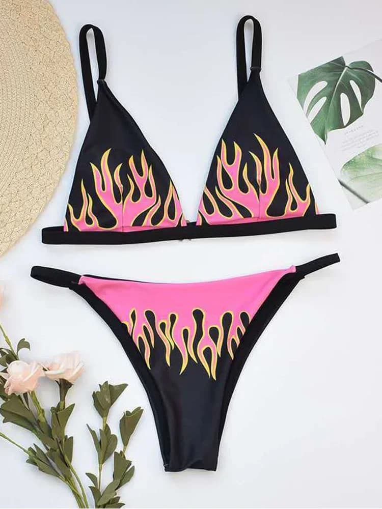 Maillot de bain imprimé feu pour femme, bikini sexy, épaules dénudées, push-up, à carreaux, brésilie