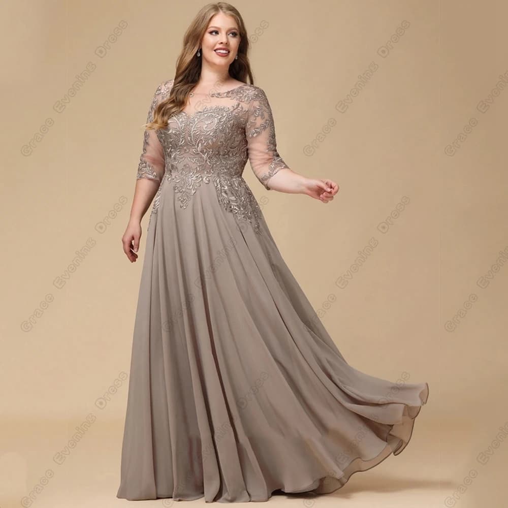 Robes mère de la mariée grande taille personnalisées avec dentelle, robes trois quarts en mousseline
