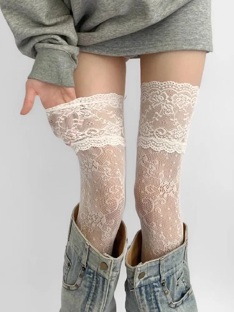 Bas résille en Nylon pour femmes, Sexy, garniture en dentelle, rétro, Floral, maille douce, respiran