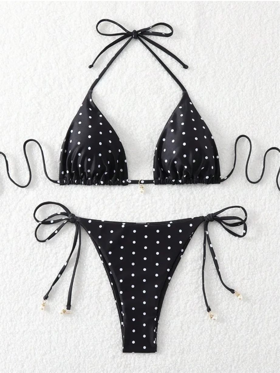 Nouveau Maillot de Bain 2 Pièces à Pois 2026 pour Femme – Ensemble Bikini Sexy Noir et Blanc Style A