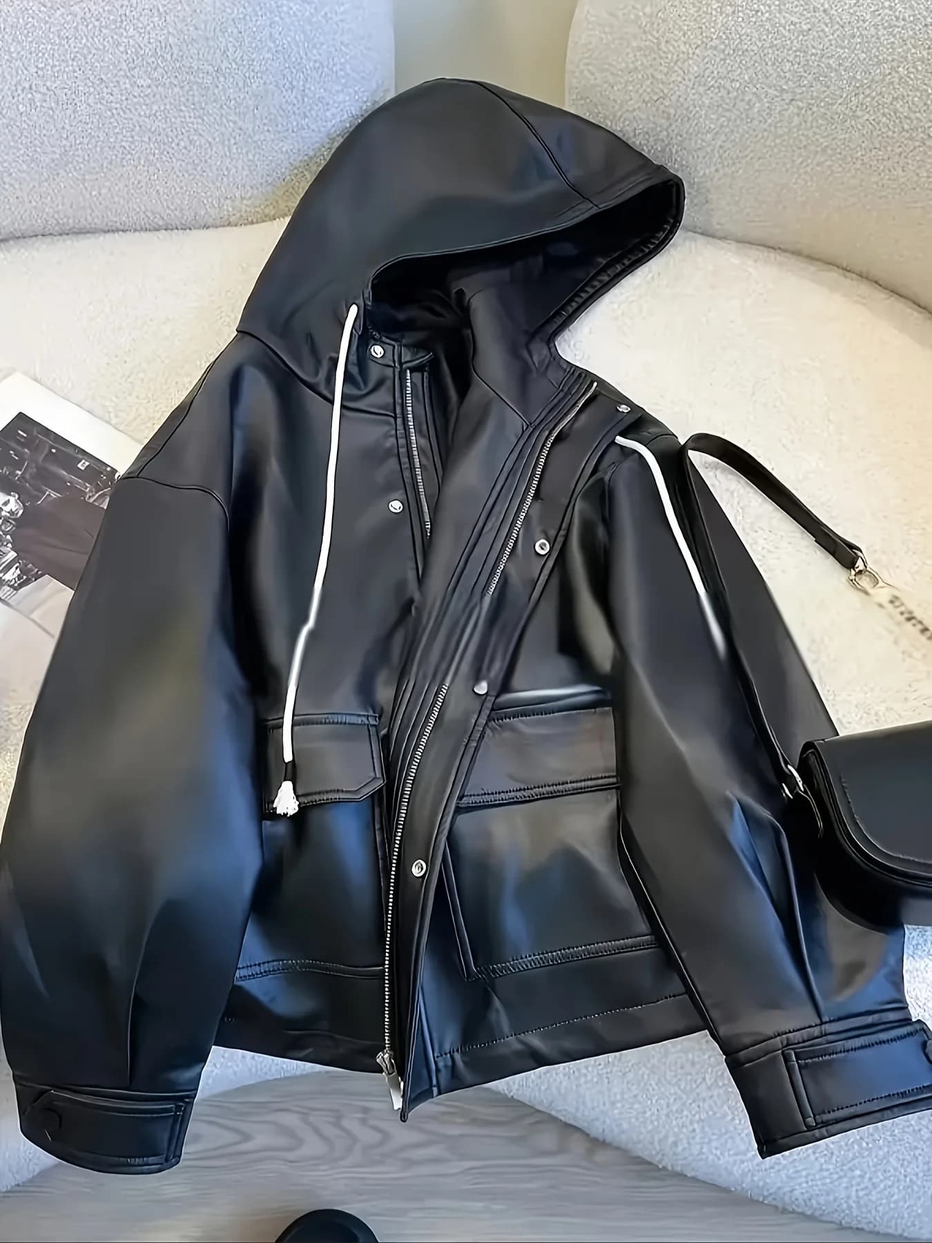 Veste en cuir noire à capuche pour femmes, grande taille, Style moto, manteau en cuir polyvalent à l