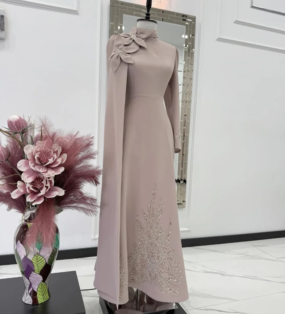 Robes de soirée longues à col haut, style A, avec appliques en jersey de luxe personnalisées, fleurs