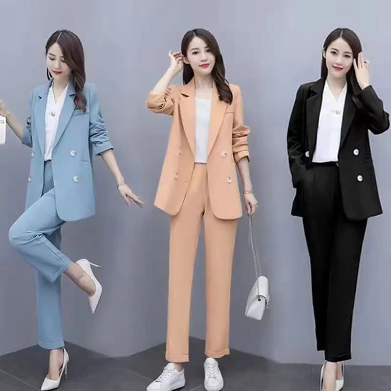 Ensemble tailleur grande taille pour femme, style coréen, élégant, manches longues, mélange de polye