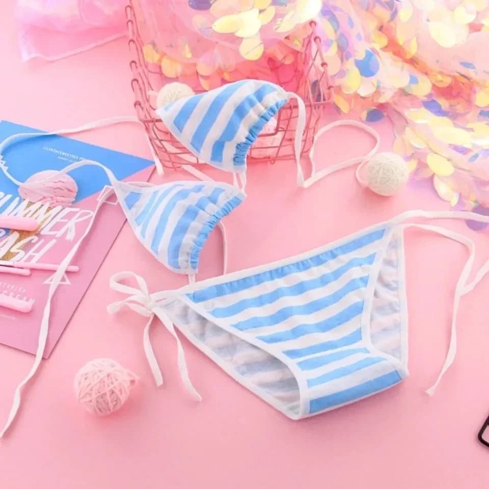 Japon Sexy Lingerie Lolita Kawaii bleu rose blanc rayé Mini Bikini adulte Cosplay femmes soutien-gor