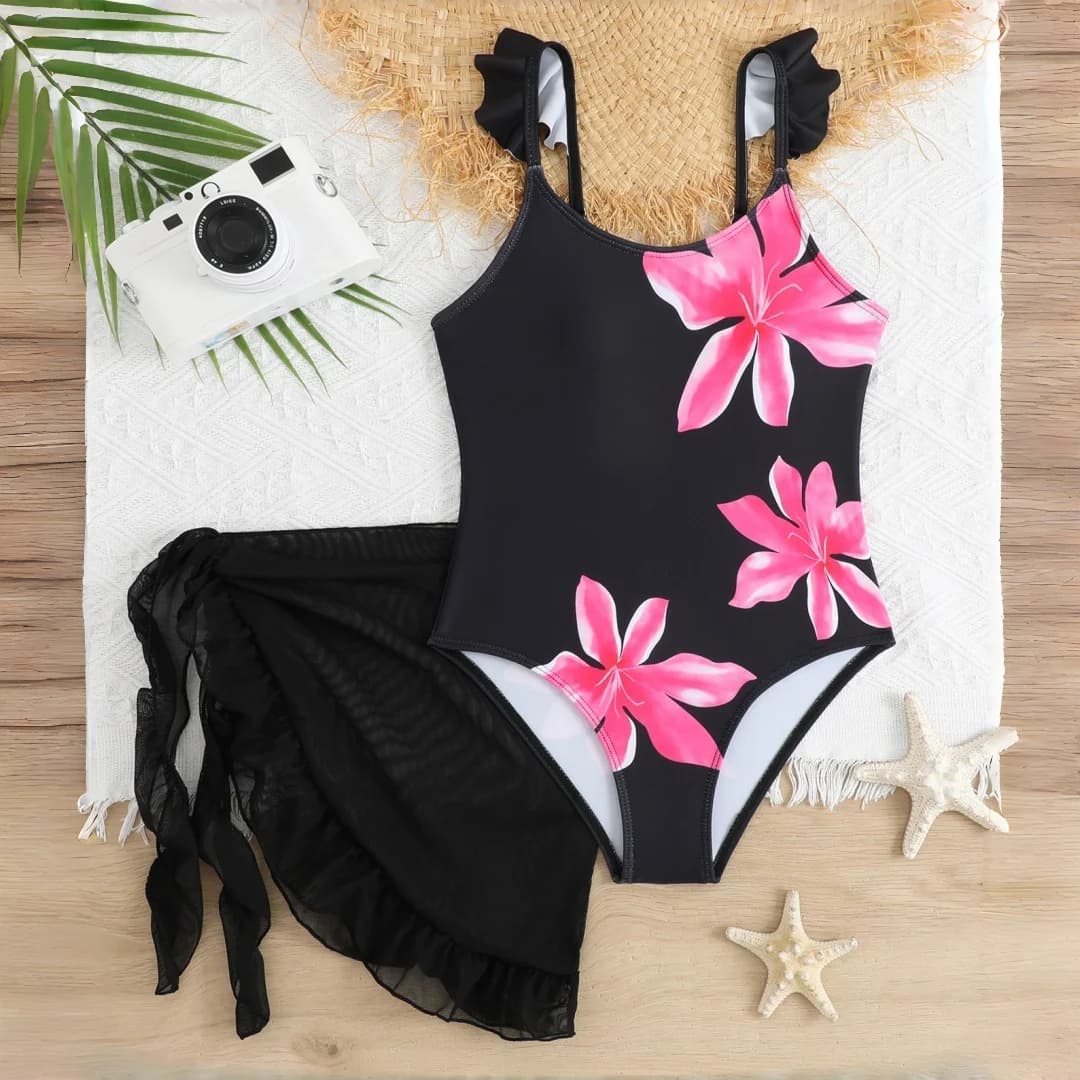 Maillot de bain une pièce pour filles, noir, imprimé nœud, avec jupe en Tulle, pour filles de taille
