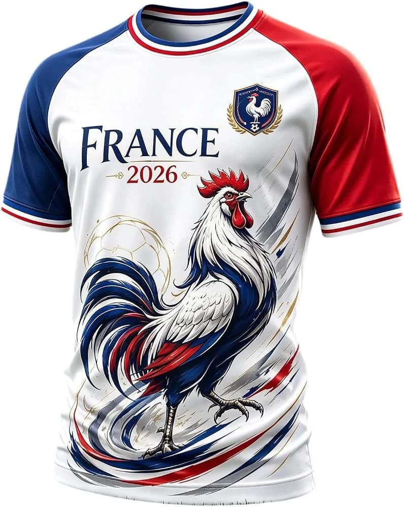 T-shirt de football France 2026, motif coq gaulois imprimé intégral, manches raglan bleues et rouges