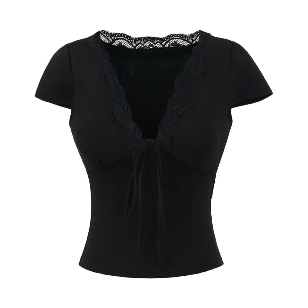 Chic col en V mince culture hauts à manches courtes doux fond T-shirt dentelle élastique Camisole St