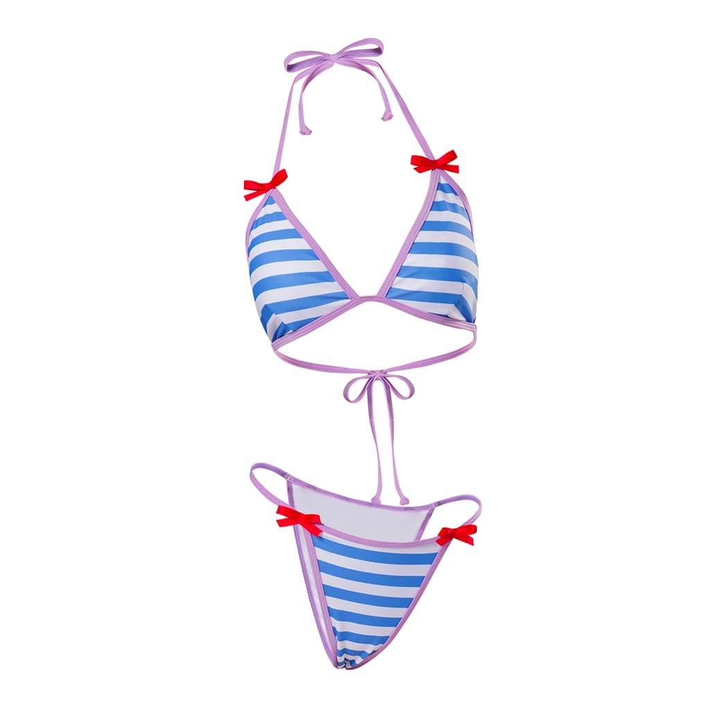 Ensemble de bikini à rayures bleues pour femmes, costume de cosplay Me Me Me, maillot de bain 2 pièc