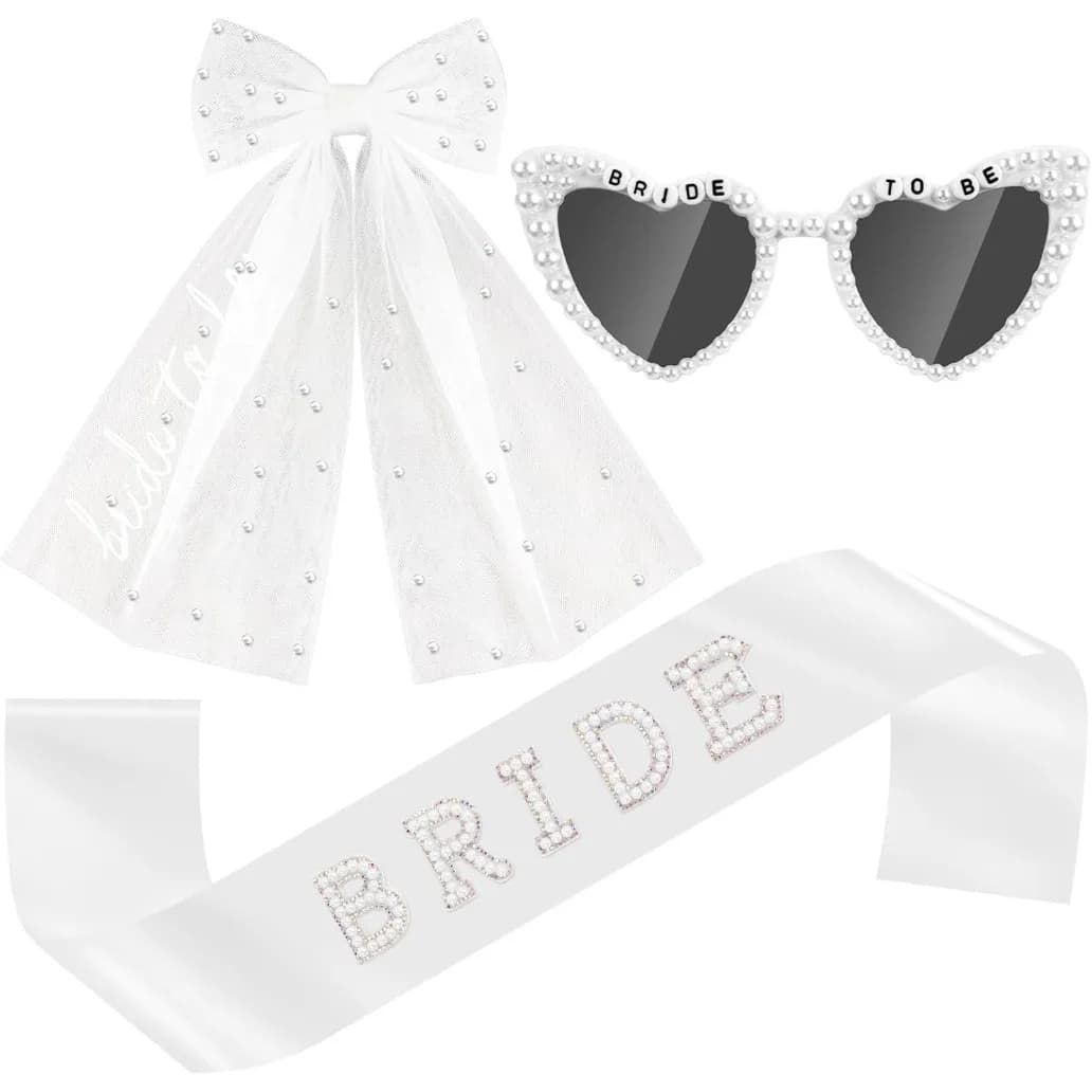 Ensemble d'accessoires pour future mariée comprenant un voile, une ceinture et des lunettes de solei