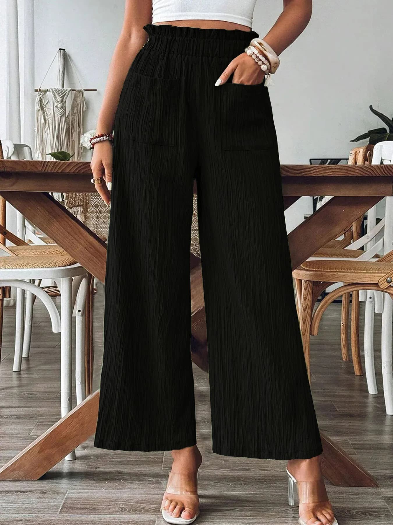 Pantalon élastique taille haute à jambes droites pour femmes, décontracté, couleur Pure, jambes larg