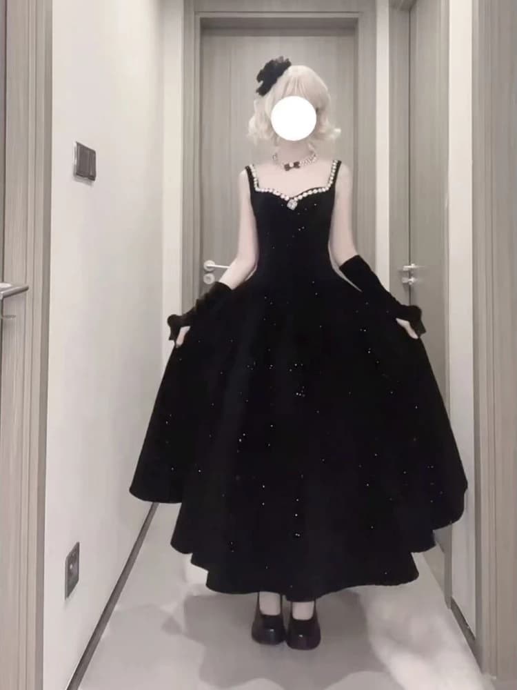 Robe longue Vintage française, col carré, Slim, épaules dénudées, élégante, Design à la mode, noire,