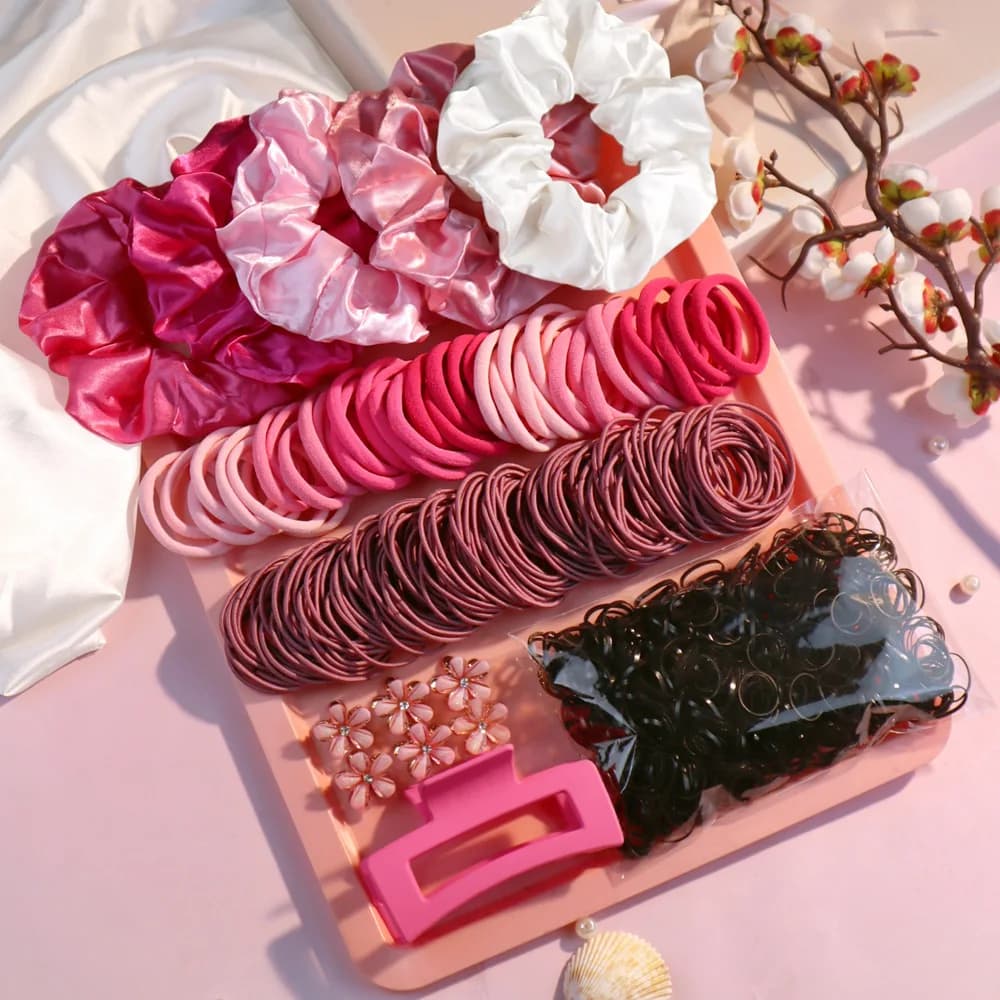 Ensemble d'accessoires pour cheveux roses à la mode pour femmes, porte-queue de cheval sans couture,