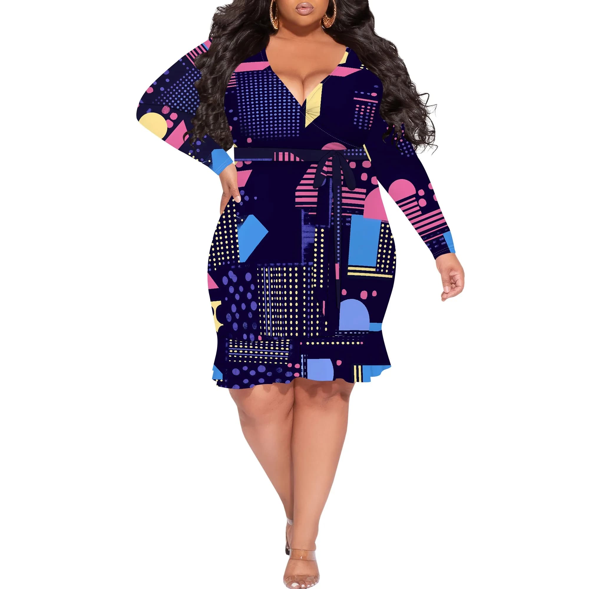 Robe de soirée grande taille pour femmes, col en V, manches longues, Mini robe portefeuille avec imp
