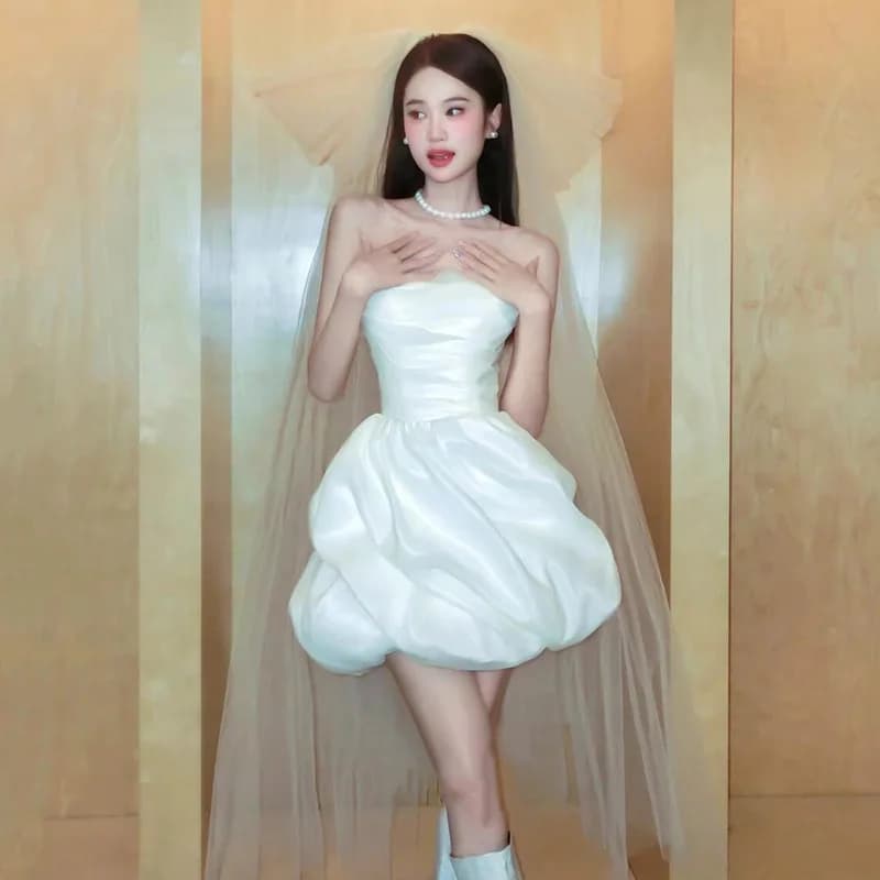 Robes pour femme, robe courte en satin sans bretelles pour petite mariée, vêtements pour femme, robe