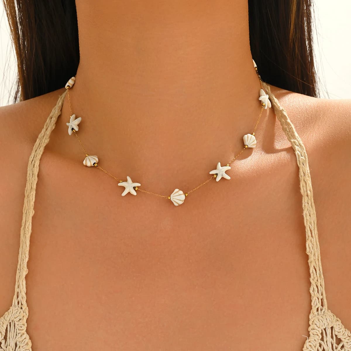 Collier ras du cou en acier inoxydable avec étoile de mer et coquillage, bijoux bohèmes pour femme, 