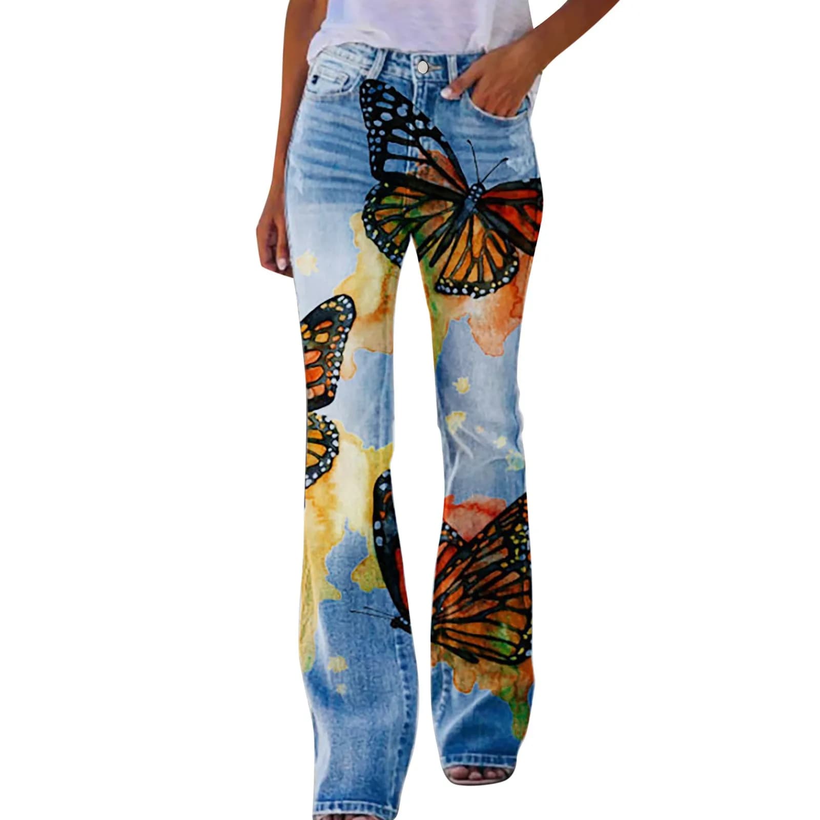 Jean Cargo Taille Haute pour Femme, Pantalon en Denim Évasé, Imprimé Floral, Faux Denim