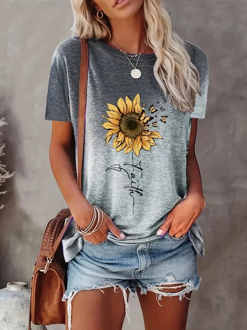 T-shirt imprimé tournesol pour femme, dégradé, décontracté, à manches courtes, col rond, coupe ample
