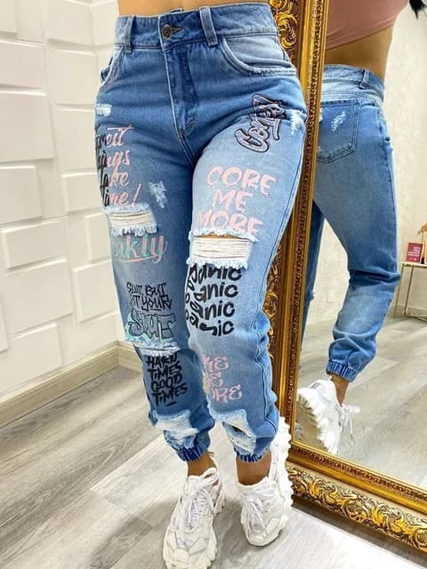 Jean Décontracté avec Monogramme pour Femme, Vêtement à la Mode, Marabout, Ch37, Longueur, Grande Ta