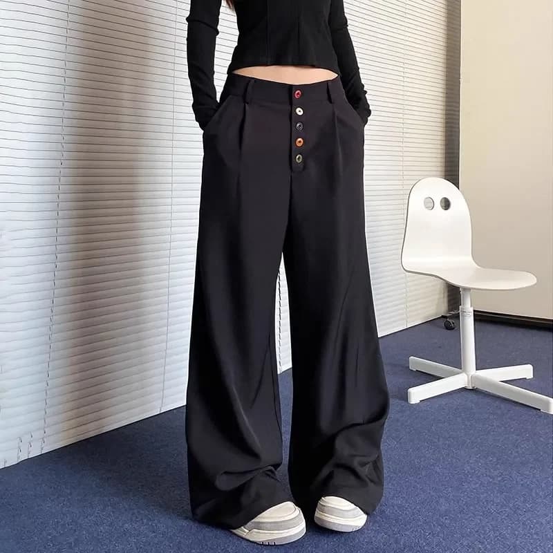 Pantalon large taille haute pour femme avec détails de boutons multicolores et design plissé