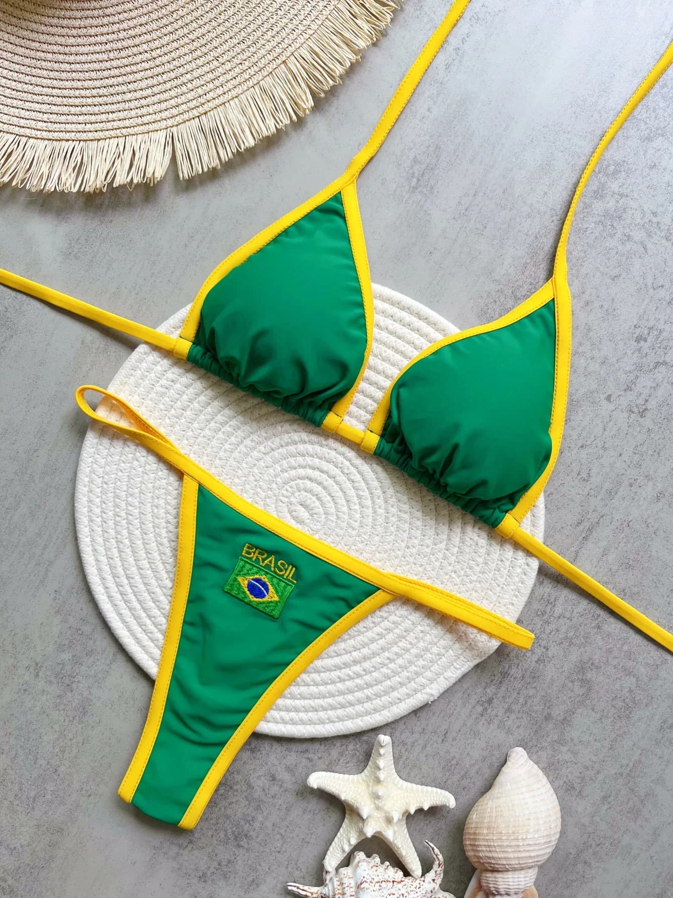 Broderie drapeau du brésil contraste fendu Bikini ensemble femmes maillots de bain Patchwork maillot